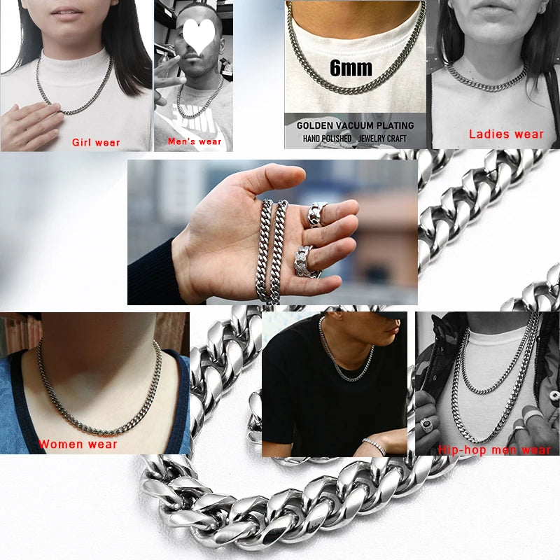 TUHE 6mm -14mm Wide Chains Necklaces Stainless Steel Cuban Link Chain For Men Hip Hop Jewelry