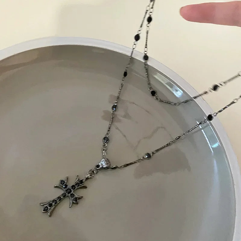 Summer Black Rhinestone Cross Jesus Pendant Choker Necklace for Women Punk Vintage Double Layers Chain 2025 Neck Boho Jewelry