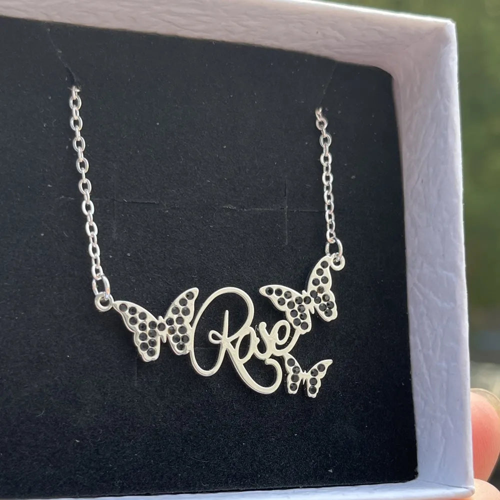 DUOYING Custom Butterfly Name Necklace Personalized Nameplate with Colorful Zircon Necklace Stainless Steel For Women Jewelry