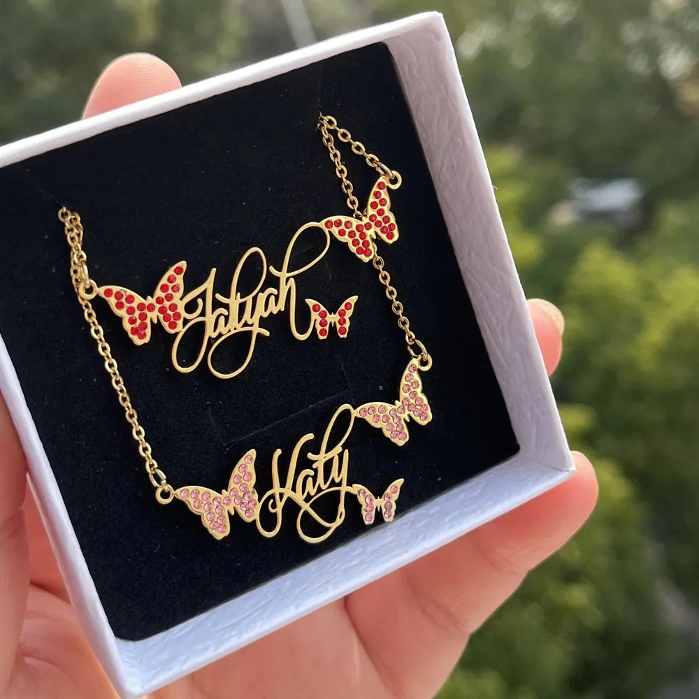 DUOYING Custom Butterfly Name Necklace Personalized Nameplate with Colorful Zircon Necklace Stainless Steel For Women Jewelry