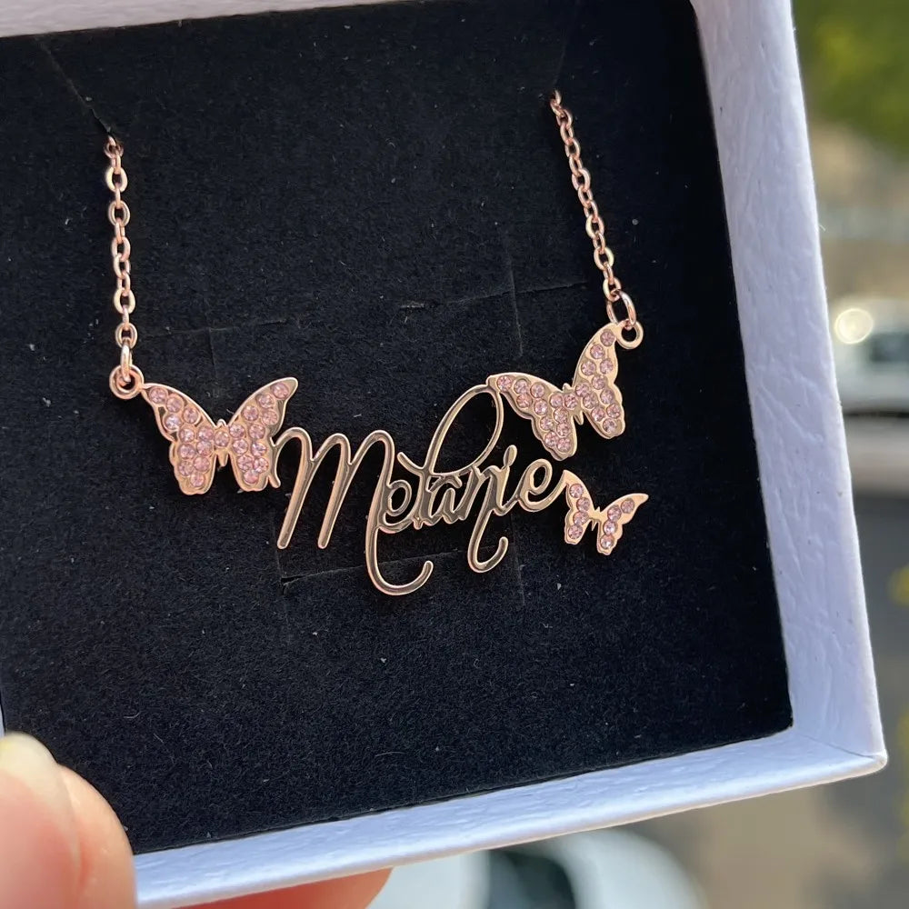 DUOYING Custom Butterfly Name Necklace Personalized Nameplate with Colorful Zircon Necklace Stainless Steel For Women Jewelry