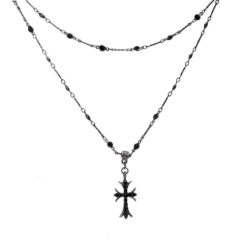 Summer Black Rhinestone Cross Jesus Pendant Choker Necklace for Women Punk Vintage Double Layers Chain 2025 Neck Boho Jewelry