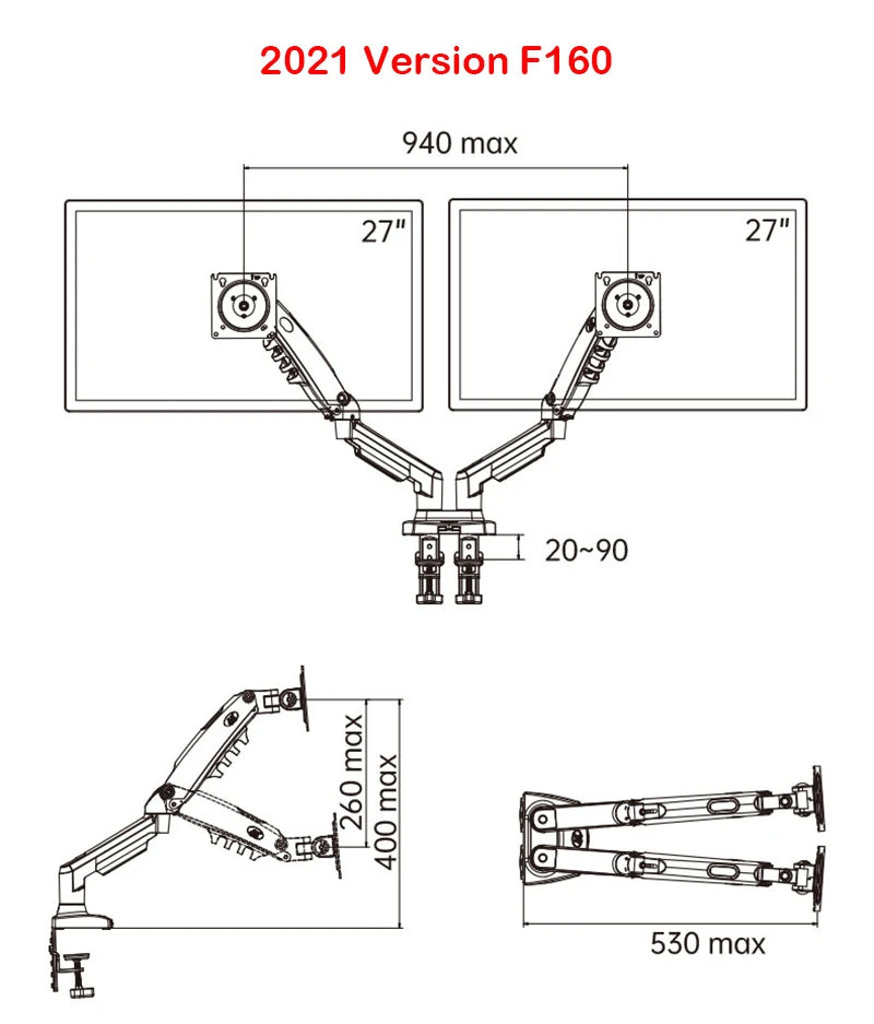 White Color Dual Arm Monitor Support 17-30 Inch  Mount Bracket Holder Load 2-9 Kgs Each NB F160