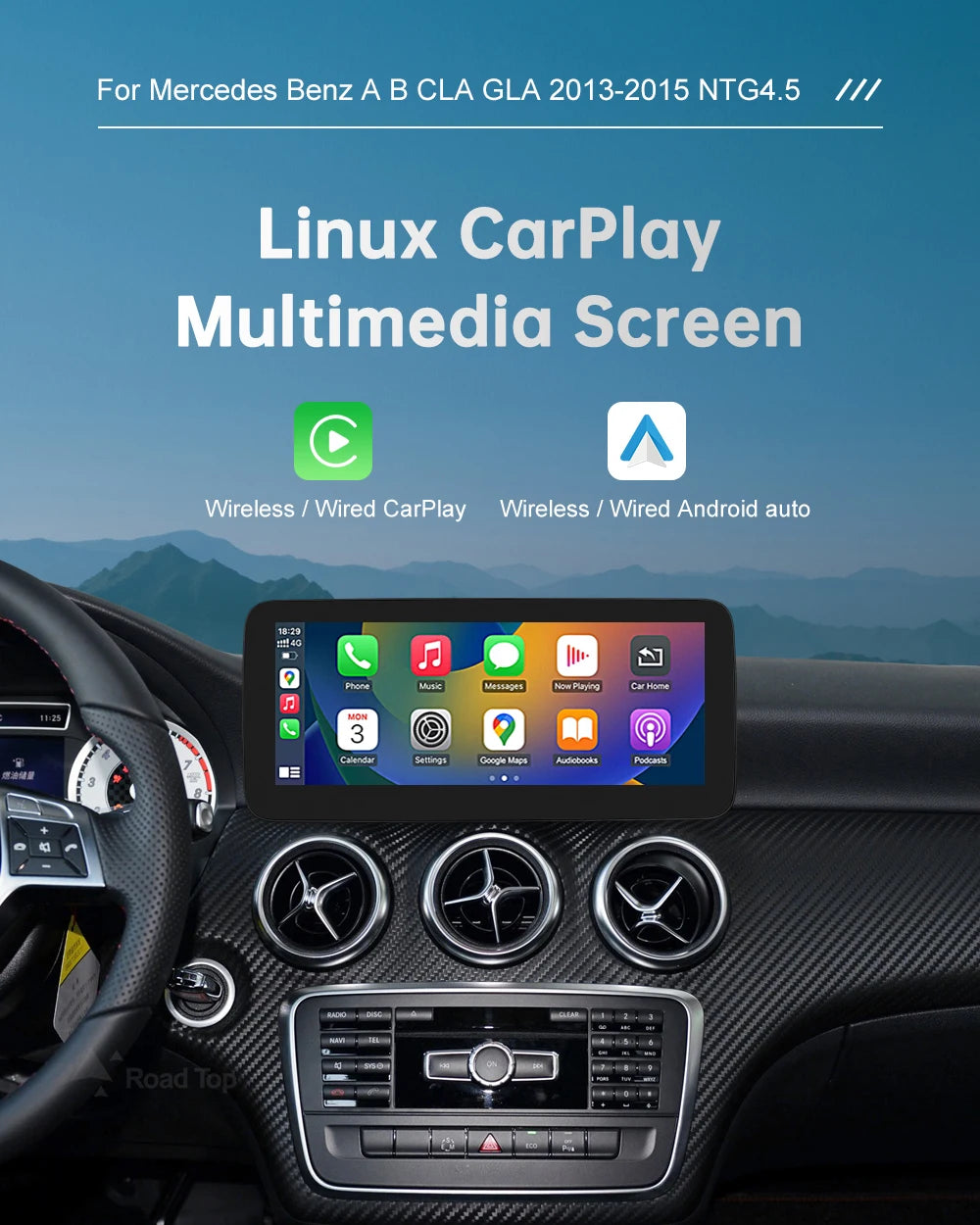 12.3'  Wireless CarPlay Android Auto Multimedia Display Screen for Mercedes-Benz A W176 B W246 CLA GLA Class 2013 to 2015