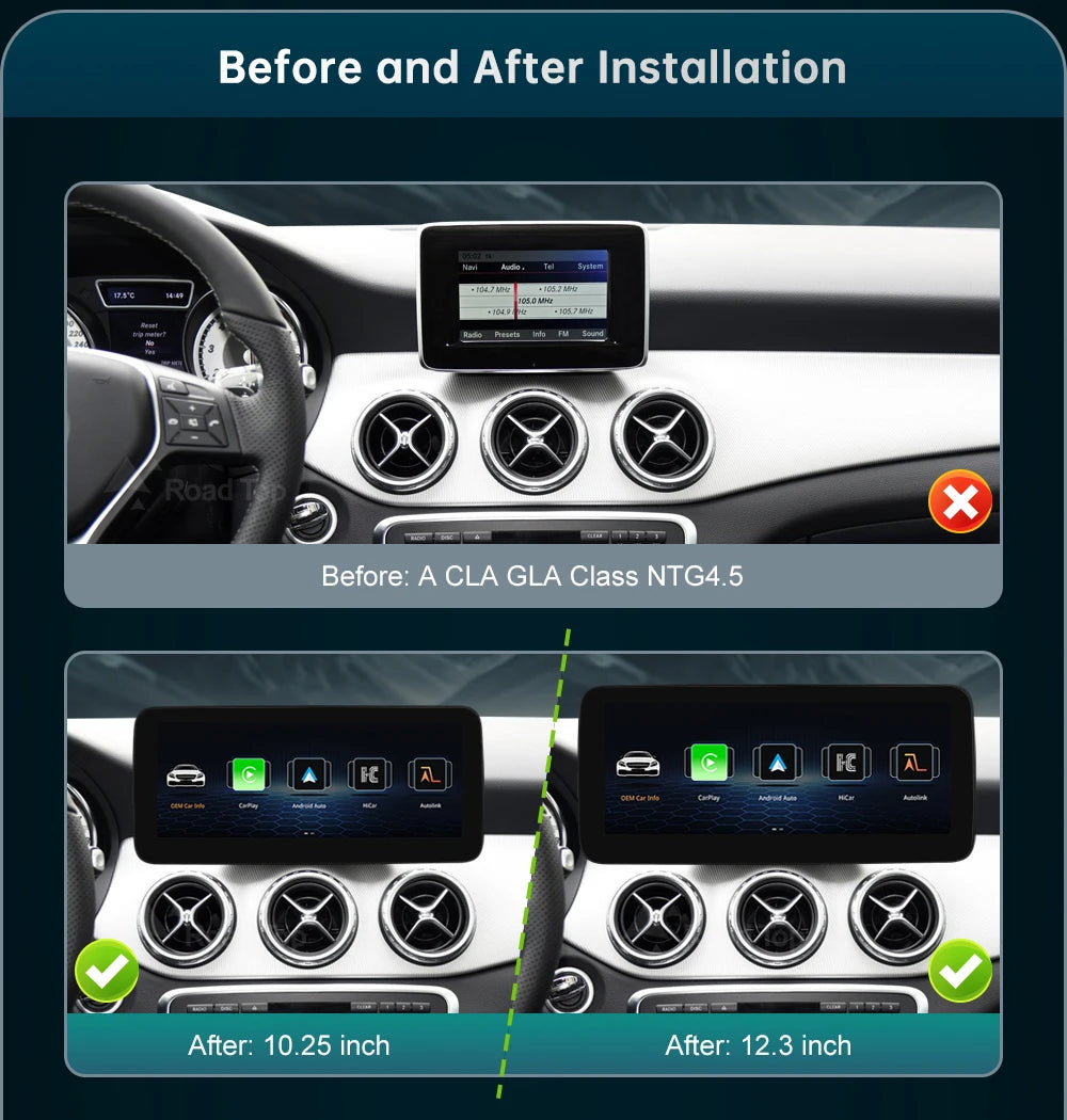 12.3'  Wireless CarPlay Android Auto Multimedia Display Screen for Mercedes-Benz A W176 B W246 CLA GLA Class 2013 to 2015
