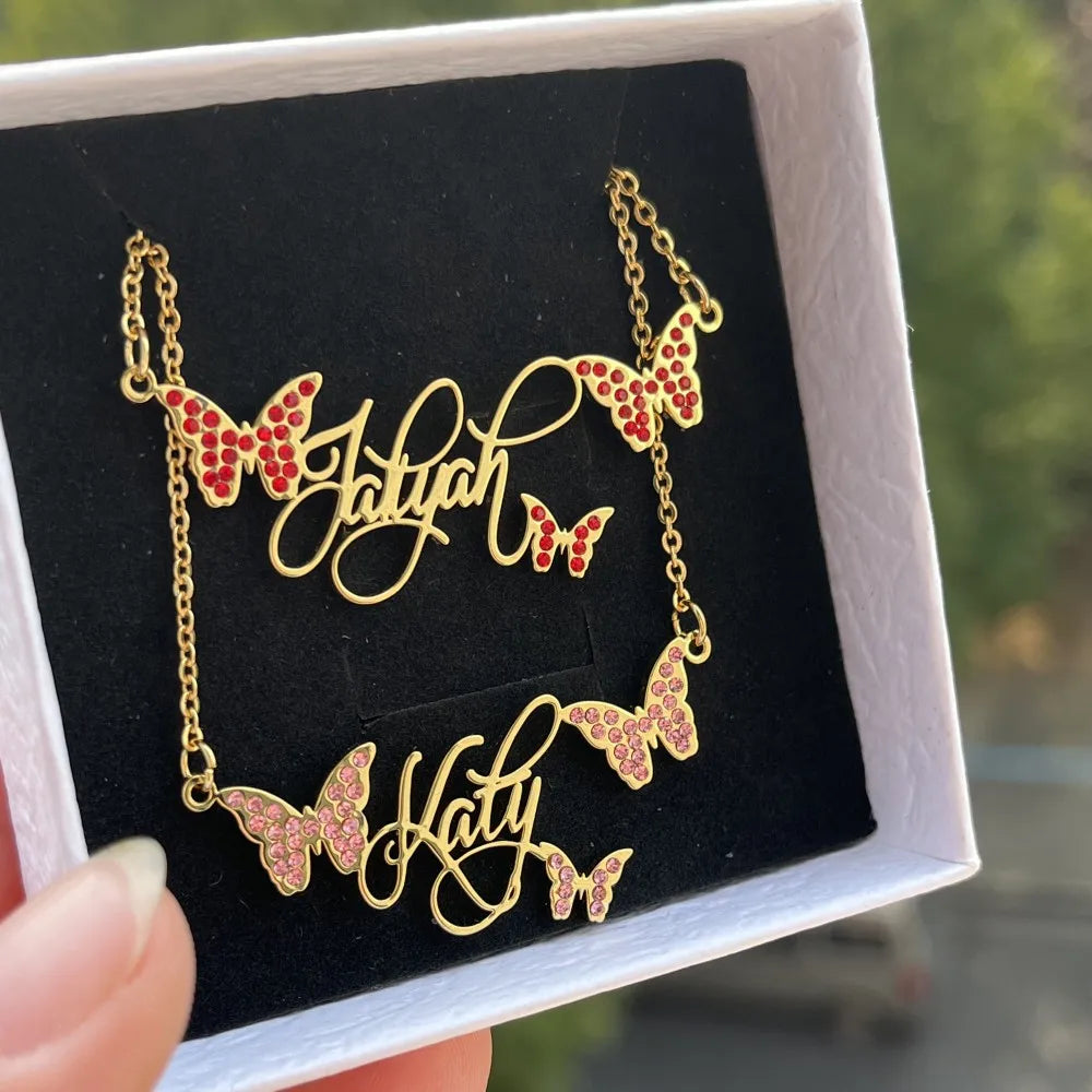 DUOYING Custom Butterfly Name Necklace Personalized Nameplate with Colorful Zircon Necklace Stainless Steel For Women Jewelry