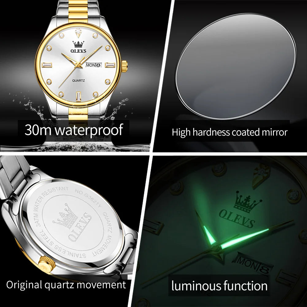 OLEVS 3621 Mens Watch Original Simple Brand Quartz Watch Waterproof Luminous Watch For Men Dual Calendar Display Reloj Mens Gift