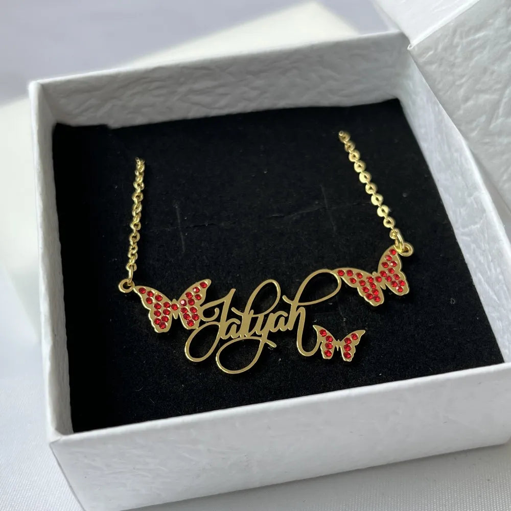 DUOYING Custom Butterfly Name Necklace Personalized Nameplate with Colorful Zircon Necklace Stainless Steel For Women Jewelry