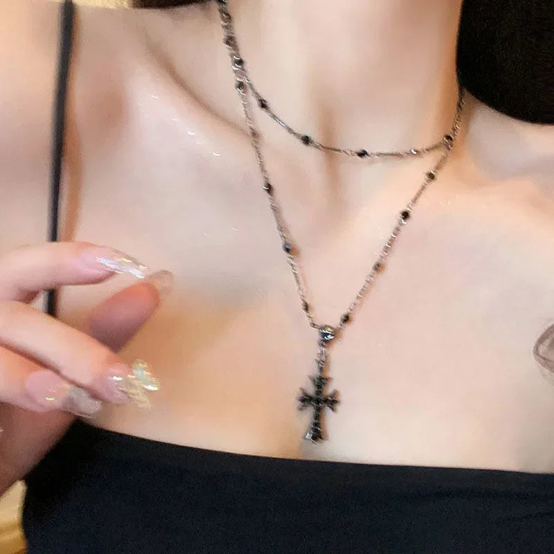 Summer Black Rhinestone Cross Jesus Pendant Choker Necklace for Women Punk Vintage Double Layers Chain 2025 Neck Boho Jewelry