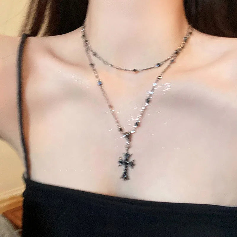 Summer Black Rhinestone Cross Jesus Pendant Choker Necklace for Women Punk Vintage Double Layers Chain 2025 Neck Boho Jewelry