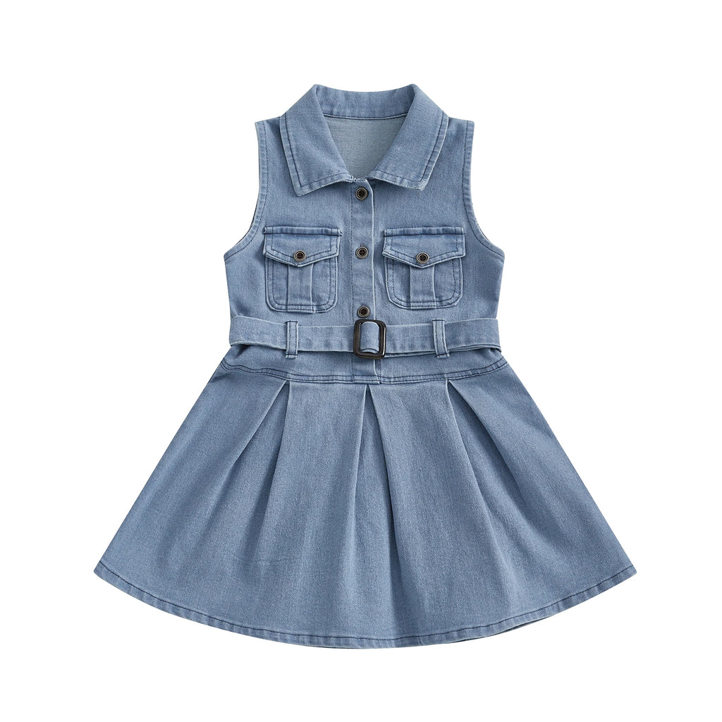 Girls Sleeveless Denim Dress with Belt and Button Detail Perfect for Casual Beach Parties - Adorable Summer Outfit