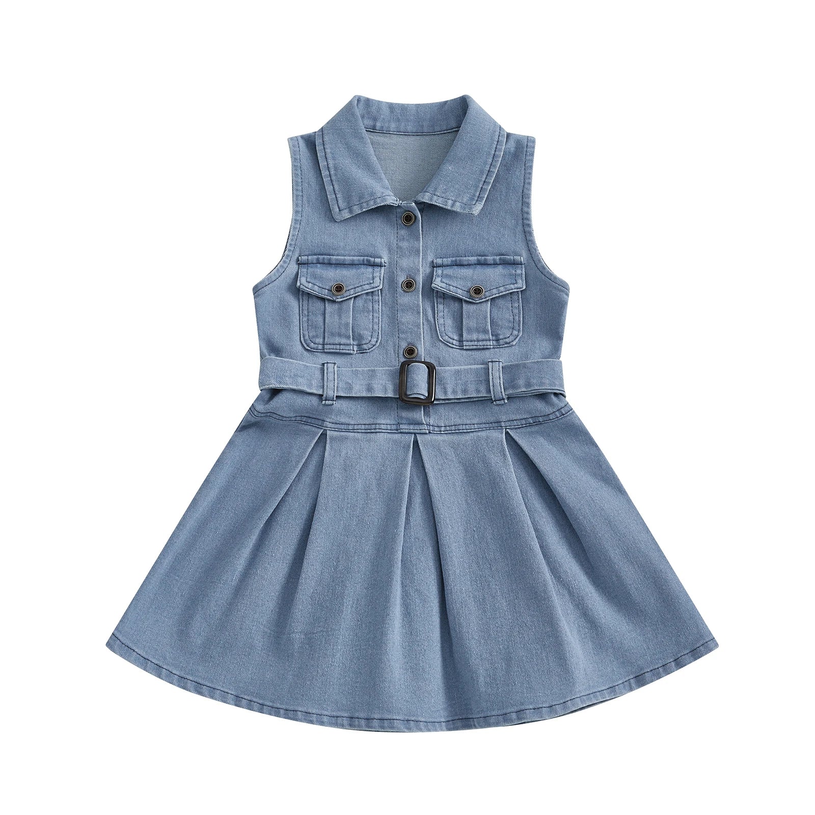 Girls Sleeveless Denim Dress with Belt and Button Detail Perfect for Casual Beach Parties - Adorable Summer Outfit