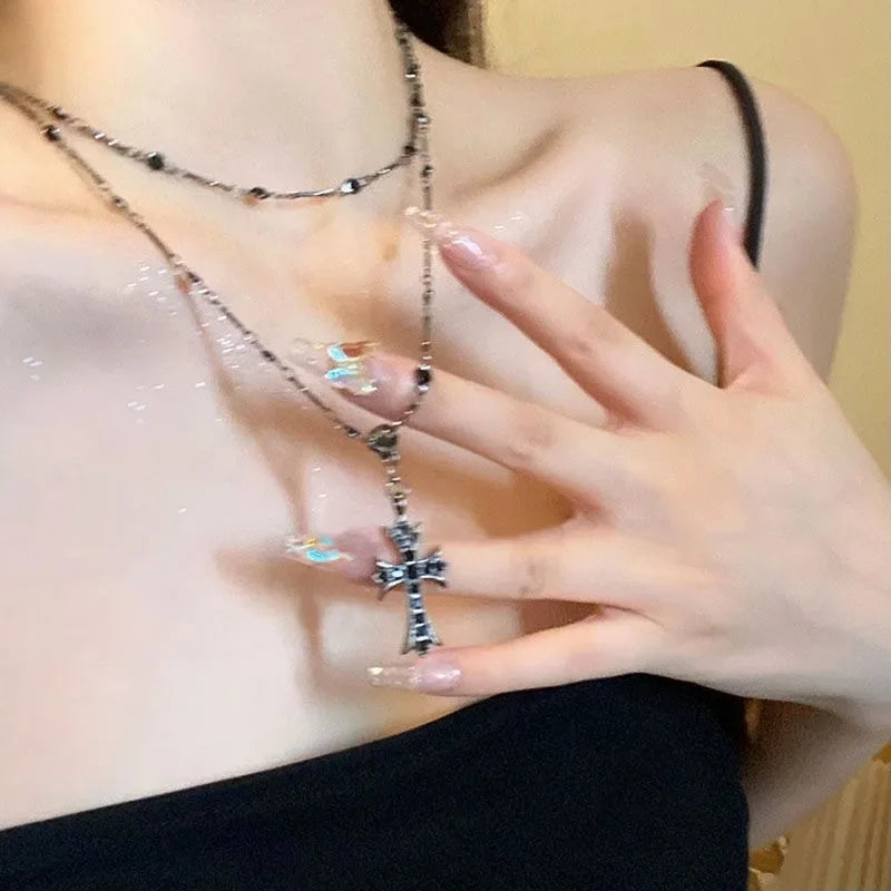 Summer Black Rhinestone Cross Jesus Pendant Choker Necklace for Women Punk Vintage Double Layers Chain 2025 Neck Boho Jewelry