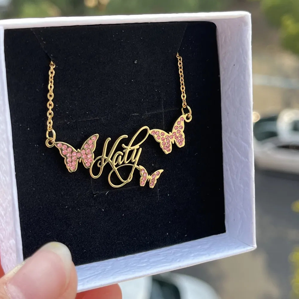 DUOYING Custom Butterfly Name Necklace Personalized Nameplate with Colorful Zircon Necklace Stainless Steel For Women Jewelry