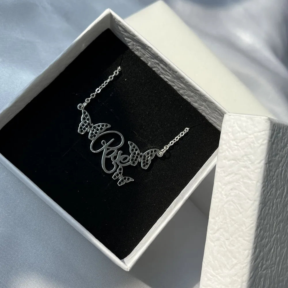 DUOYING Custom Butterfly Name Necklace Personalized Nameplate with Colorful Zircon Necklace Stainless Steel For Women Jewelry