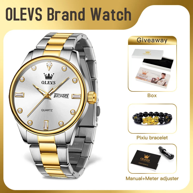 OLEVS 3621 Mens Watch Original Simple Brand Quartz Watch Waterproof Luminous Watch For Men Dual Calendar Display Reloj Mens Gift