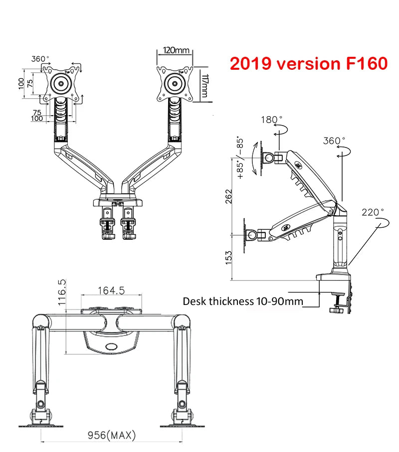White Color Dual Arm Monitor Support 17-30 Inch  Mount Bracket Holder Load 2-9 Kgs Each NB F160