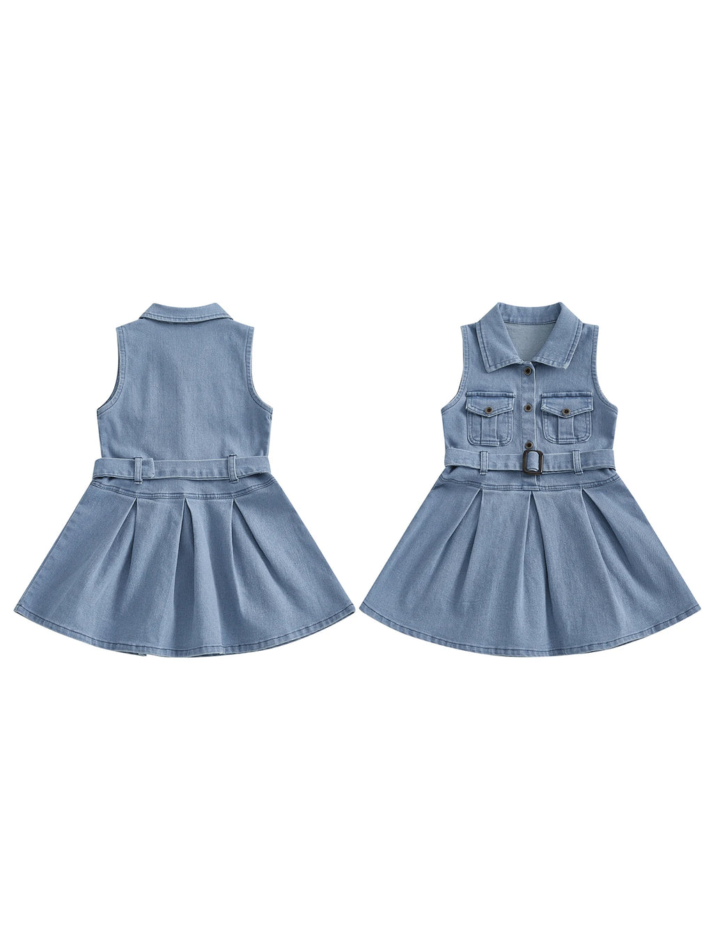 Girls Sleeveless Denim Dress with Belt and Button Detail Perfect for Casual Beach Parties - Adorable Summer Outfit