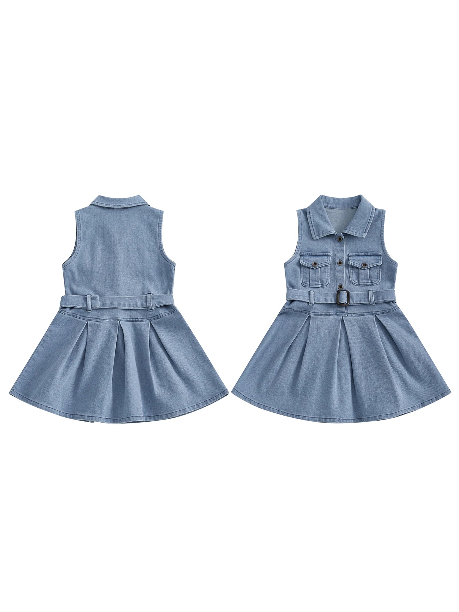 Girls Sleeveless Denim Dress with Belt and Button Detail Perfect for Casual Beach Parties - Adorable Summer Outfit