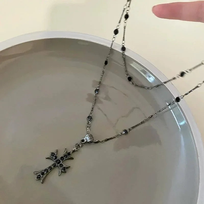 Summer Black Rhinestone Cross Jesus Pendant Choker Necklace for Women Punk Vintage Double Layers Chain 2025 Neck Boho Jewelry