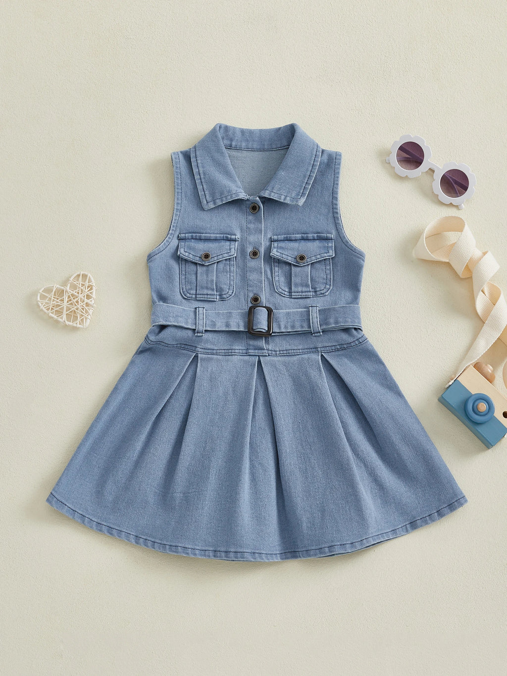 Girls Sleeveless Denim Dress with Belt and Button Detail Perfect for Casual Beach Parties - Adorable Summer Outfit