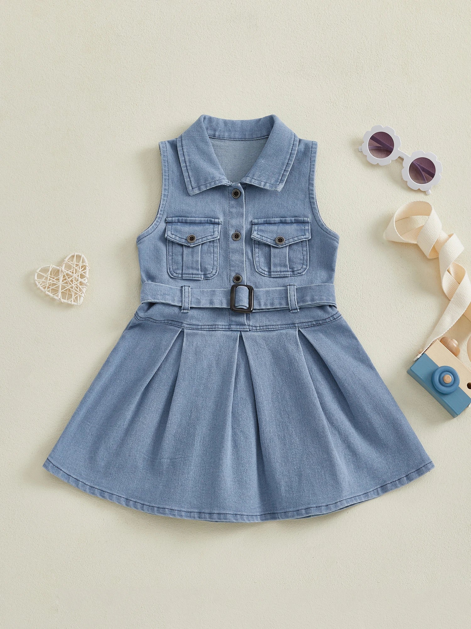 Girls Sleeveless Denim Dress with Belt and Button Detail Perfect for Casual Beach Parties - Adorable Summer Outfit