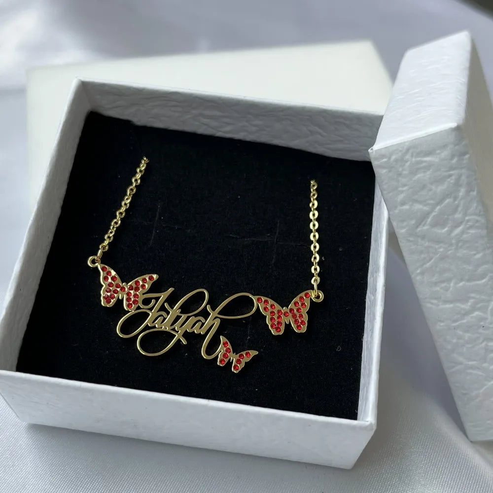 DUOYING Custom Butterfly Name Necklace Personalized Nameplate with Colorful Zircon Necklace Stainless Steel For Women Jewelry