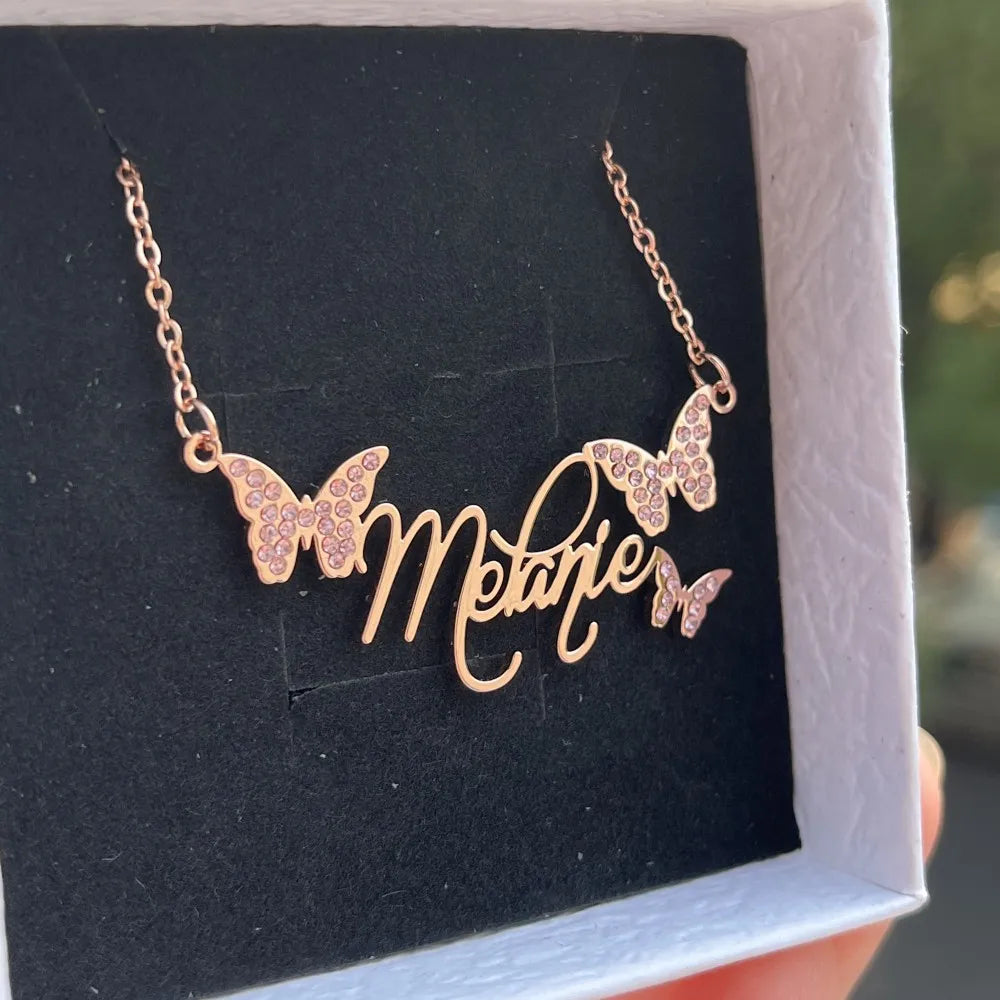 DUOYING Custom Butterfly Name Necklace Personalized Nameplate with Colorful Zircon Necklace Stainless Steel For Women Jewelry