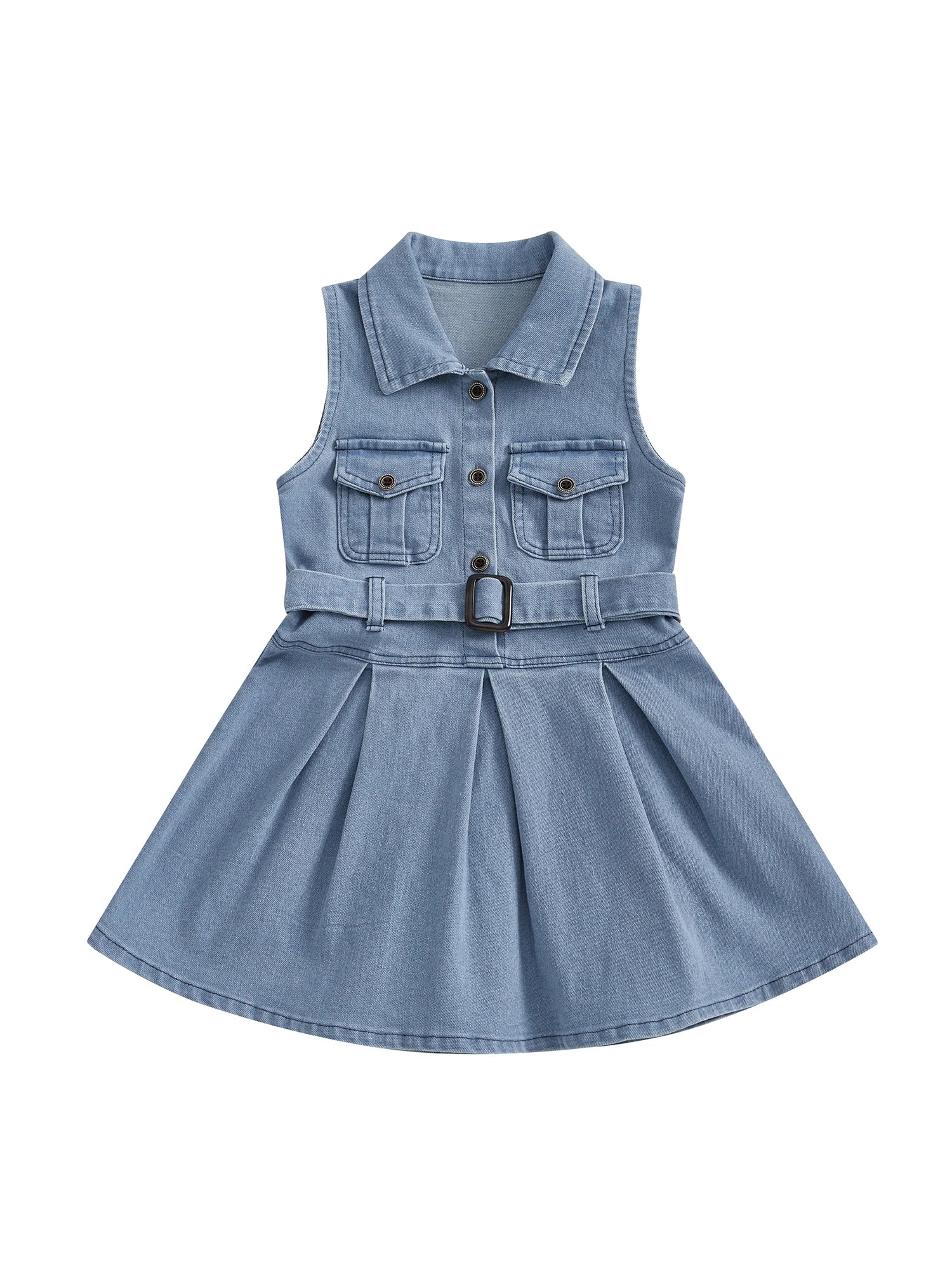 Girls Sleeveless Denim Dress with Belt and Button Detail Perfect for Casual Beach Parties - Adorable Summer Outfit